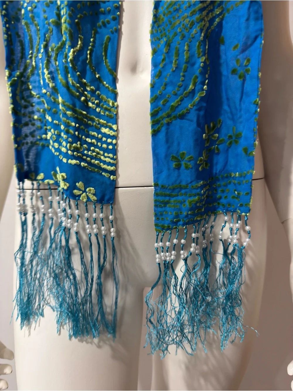 Velvet Scarf Hand-Dyed Sky Blue Burnout Scarf: Silk Rayon Devore Beaded Fringe